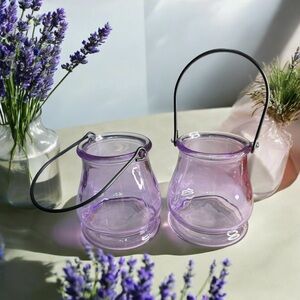 Set of 2 Vintage Glass Lanterns Jar Candle Tea Light Holder Purple Black Metal